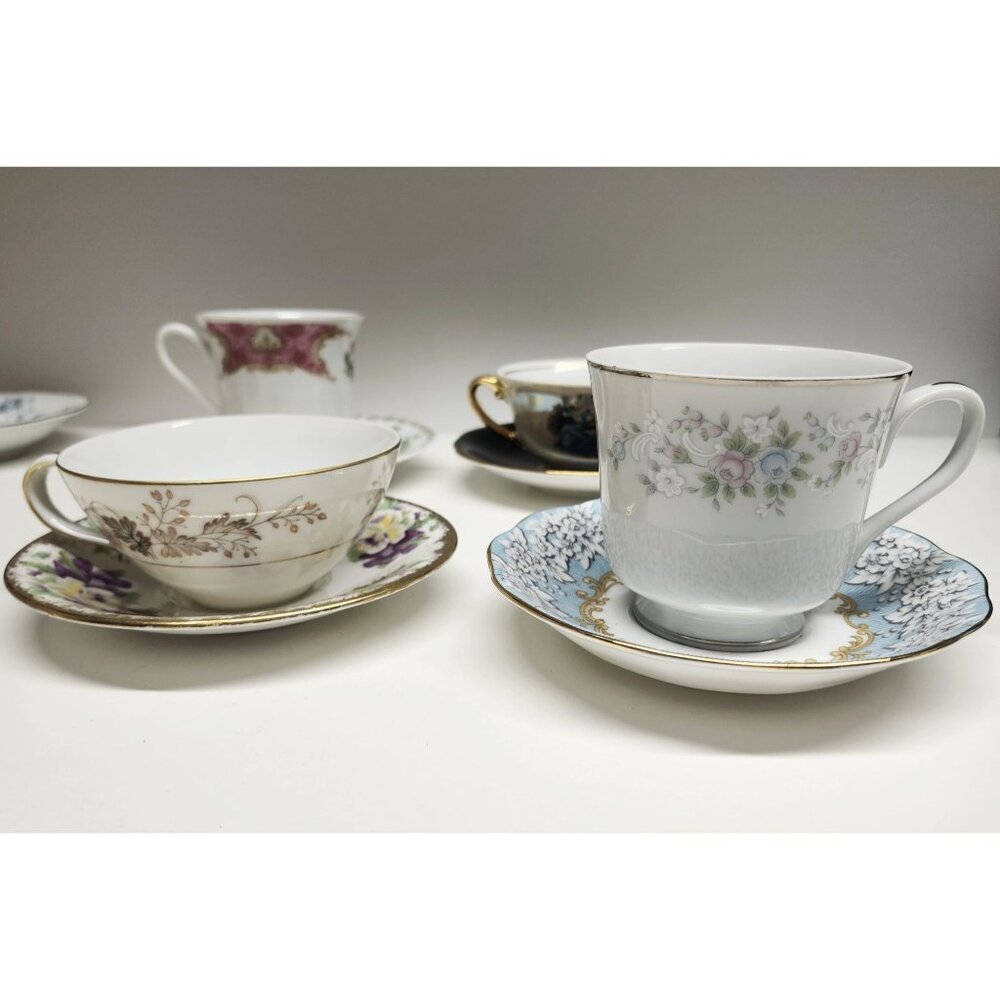 Mismatched China Tea Cups & Saucers 4 Sets Porcelain Eclectic